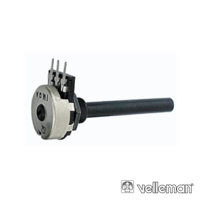 Potenciômetro rotativo metálico e preto com terminais e eixo longo