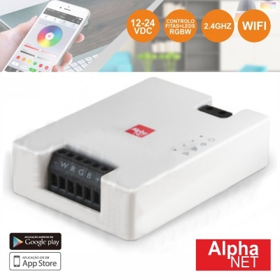 Dispositivo eletrónico branco AlphaNET para controlo RGBW com indicação WiFi e apps móveis