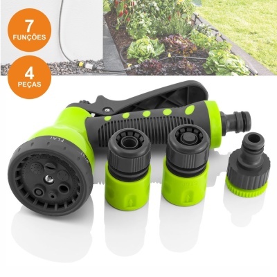 conjunto de peças para rega verde e preta com três conectores e pistola, texto funções e peças