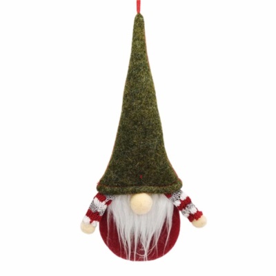 Figura decorativa de Natal com chapéu verde pontiagudo e corpo vermelho.