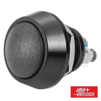 Botão de pressão preto redondo com fixação roscada e terminais elétricos visíveis