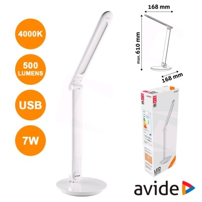 Candeeiro de mesa LED branco articulado com medidas e embalagem da marca avide