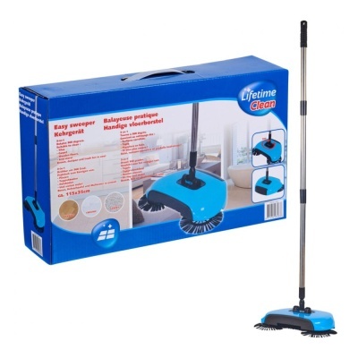 Varredor manual azul com cabo e escovas giratórias em caixa azul