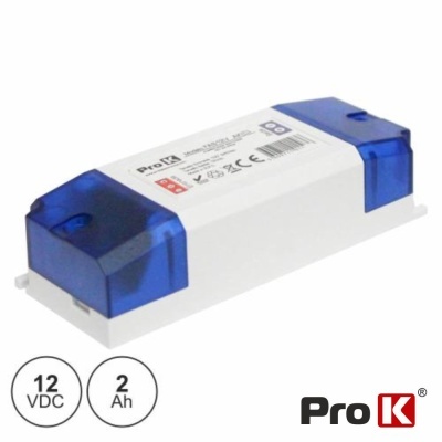 Transformador elétrico branco com tampas azuis translúcidas e rótulo técnico Pro K