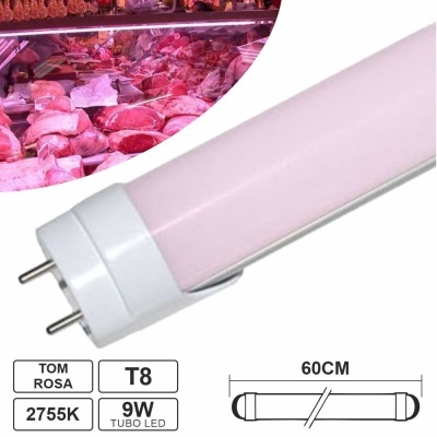 Tubo LED T8 rosa de 60 cm com especificações impressas