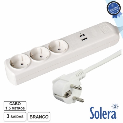 TOMADA ELÉTRICA C 3 SAÍDAS 1.5M 2USB 2.1A SOLERA
