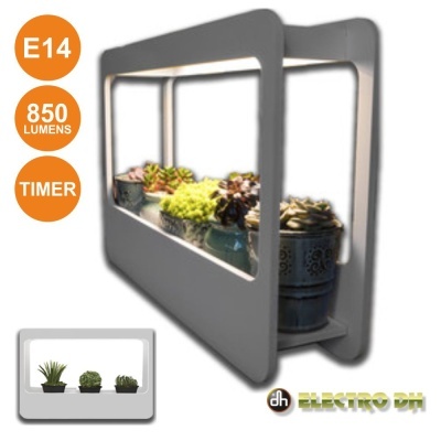 Luminária retangular branca com luz LED iluminando plantas suculentas e etiquetas E14, 850 LUMENS, TIMER