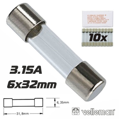 Fusível rápido de vidro 3.15A 6x32mm com embalagem e desenho técnico