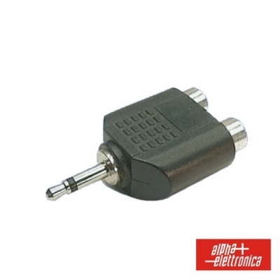 Adaptador de áudio jack 3,5 mm para RCA fêmea com corpo preto e logótipo alpha elettronica