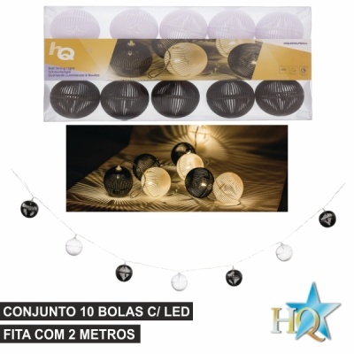 Conjunto de bolas decorativas LED preto e branco em fios entrelaçados