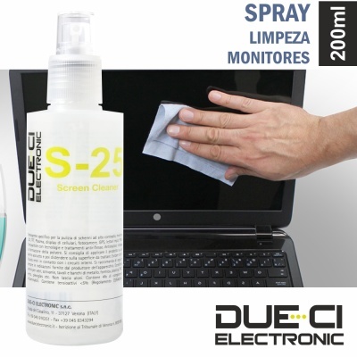 Spray de limpeza para monitores DUE.CI ELECTRONIC S-25 e portátil a ser limpo com pano cinzento