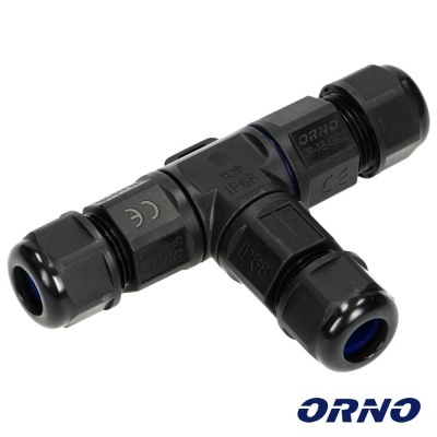 Conector T preto para cabos elétricos com texto ORNO e CE
