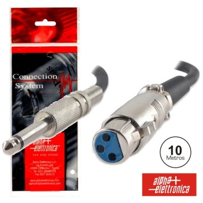 Cabo de áudio com conector jack 6.35 mm e XLR, embalagem preta e vermelha, 10 metros.