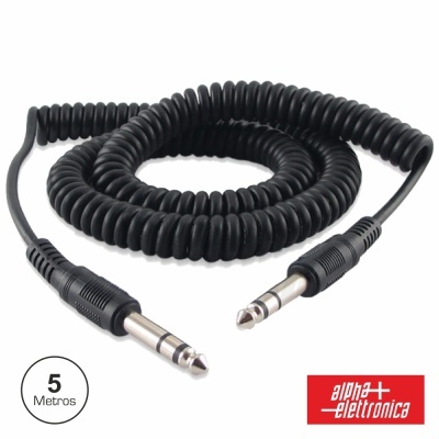 Cabo áudio espiralado preto com conectores jack 6.35mm e indicação 5 Metros