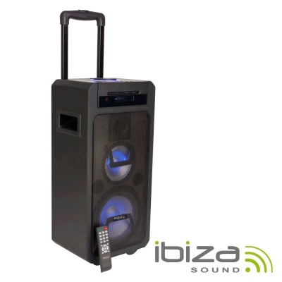 Coluna de som preta Ibiza Sound com iluminação LED azul e comando remoto