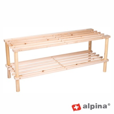 Banco ou aparador em madeira clara com duas prateleiras e pernas quadradas