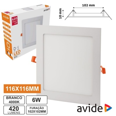 Luminária LED quadrada branca de 6W e 4000K da avide com embalagem