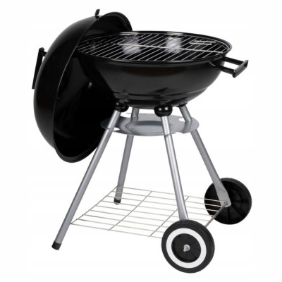 Grelhador redondo portátil com tampa preta e grelha metal cromado