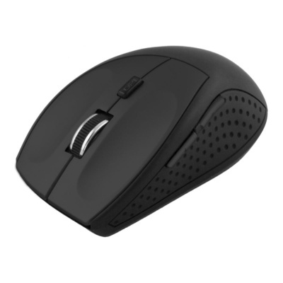 Rato de computador preto com textura lateral perfurada e roda prateada