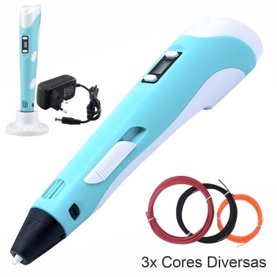 Caneta de impressão 3D azul claro e branca com carregador e rolos de filamento