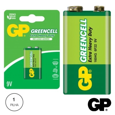 Pilha GP Greencell Extra Heavy Duty 9V em embalagem verde e amarelo