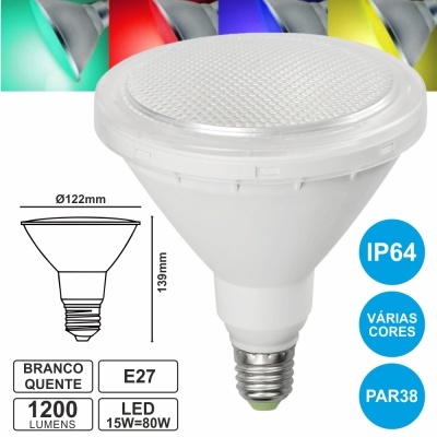 LÂMPADA E27 15W=80W 230V LED PAR38 BRANCO QUENTE IP64 1200LM