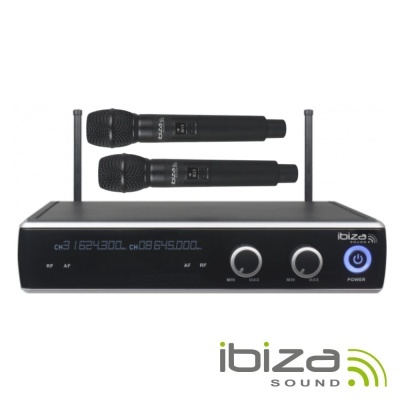 Sistema de microfone sem fios preto com base e dois microfones da marca IBIZA SOUND