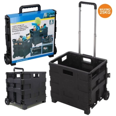 Caixa de arrumação dobrável preta com rodas e pega extensível