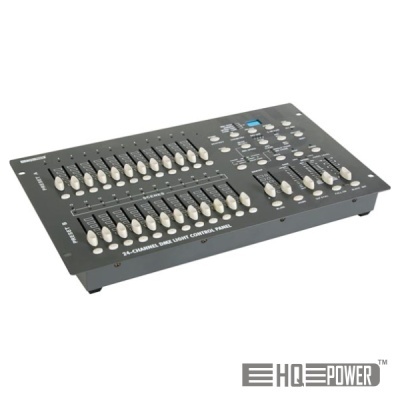 Painel de controlo de luzes DMX preto com 24 canais e botões brancos