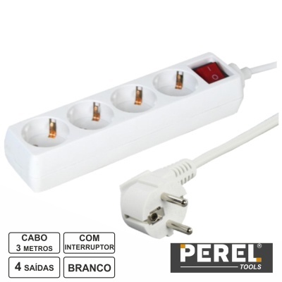 TOMADA ELÉTRICA C 4 SAÍDAS INTERRUPTOR 3M BRANCO PEREL