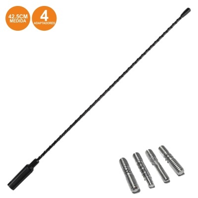 Antena de rádio preta com 42,5 cm e 4 adaptadores metálicos junto a ela