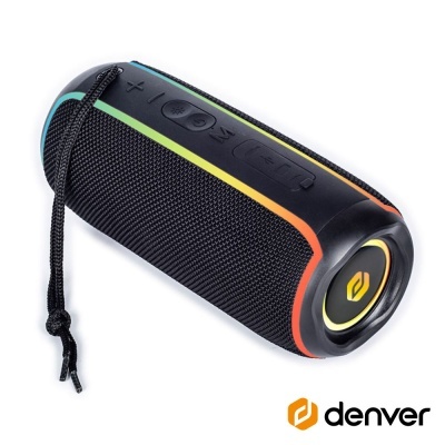 Coluna portátil negra de tecido com bordas coloridas e cordão