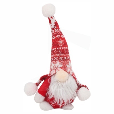 Gnome de peluche natalício vermelho e branco com barbas e chapéu alto de flocos de neve