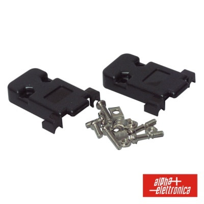 Dois conectores pretos com parafusos e logótipo alpha + elettronica