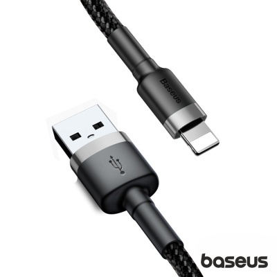 Cabo USB Baseus preto e cinza com conector USB-A e Lightning