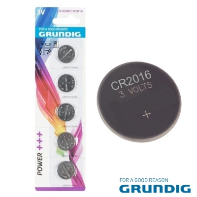 Pilhas de lítio GRUNDIG CR2016 3 volts em embalagem com cinco unidades colorida