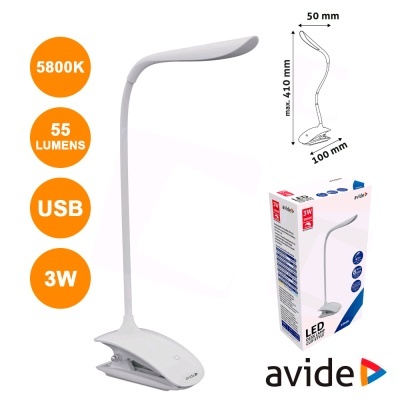 Candeeiro de mesa LED branco com pinça e embalagem da avide