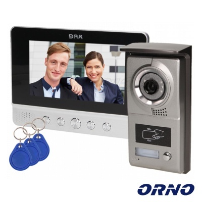 Videoporteiro com monitor digital, câmara de segurança e etiquetas de chave azul