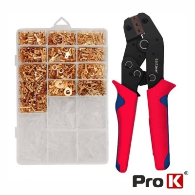 Kit de crimpar com alicate e caixa organizadora transparente com terminais metálicos dourados