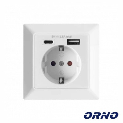 Tomada Elétrica C 1 Porta USB-A + 1 Porta USB-C ORNO