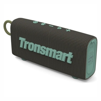 Coluna de som portátil Tronsmart cinzento escuro com botões e alça verde