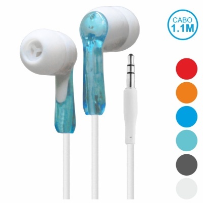 Auriculares intra-auriculares com cabo branco e haste azul translúcida