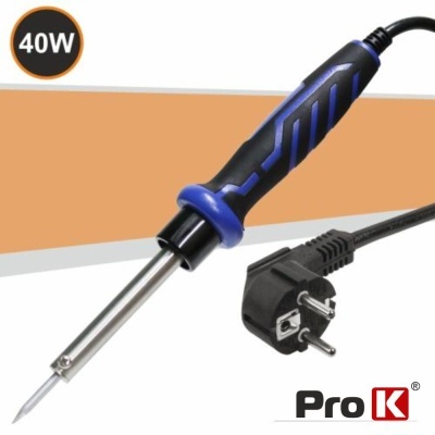 Ferro de soldar elétrico com cabo preto e azul, potência 40W, ficha europeia