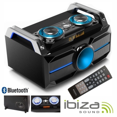 SISTEMA SOM PORTÁTIL 120Wmáx USBBTFMREC LEDS IBIZA