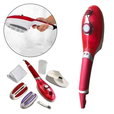 Vaporizador de roupa portátil vermelho com acessórios em fundo branco