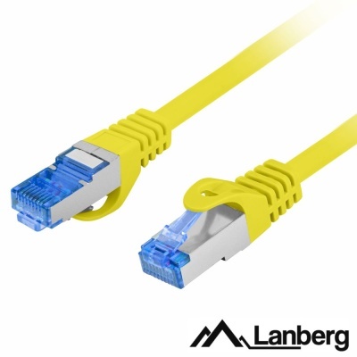 Cabo de rede Ethernet amarelo com conectores RJ45 azuis e metálicos