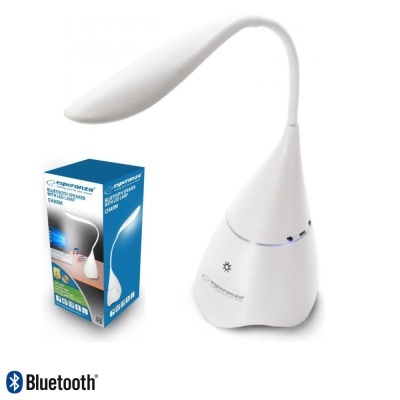 Candeeiro LED branco com base cónica e função Bluetooth, ao lado da caixa do produto