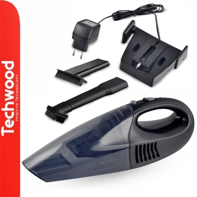 Aspirador de pó portátil preto com acessórios e base de carregamento sobre fundo branco