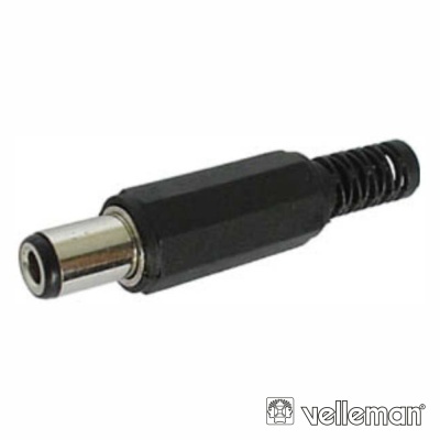 Conector DC masculino preto com ponta metálica e mola de proteção