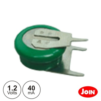 Bateria célula botão verde com conetor metálico e texto de especificações